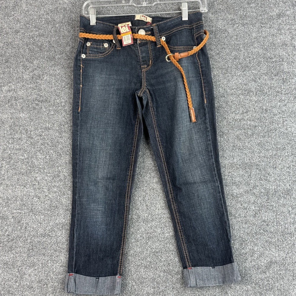 l.e.i. Jeans Juniors S Dark Wash Belted Straight Leg Cuffed Embroidered NWT
